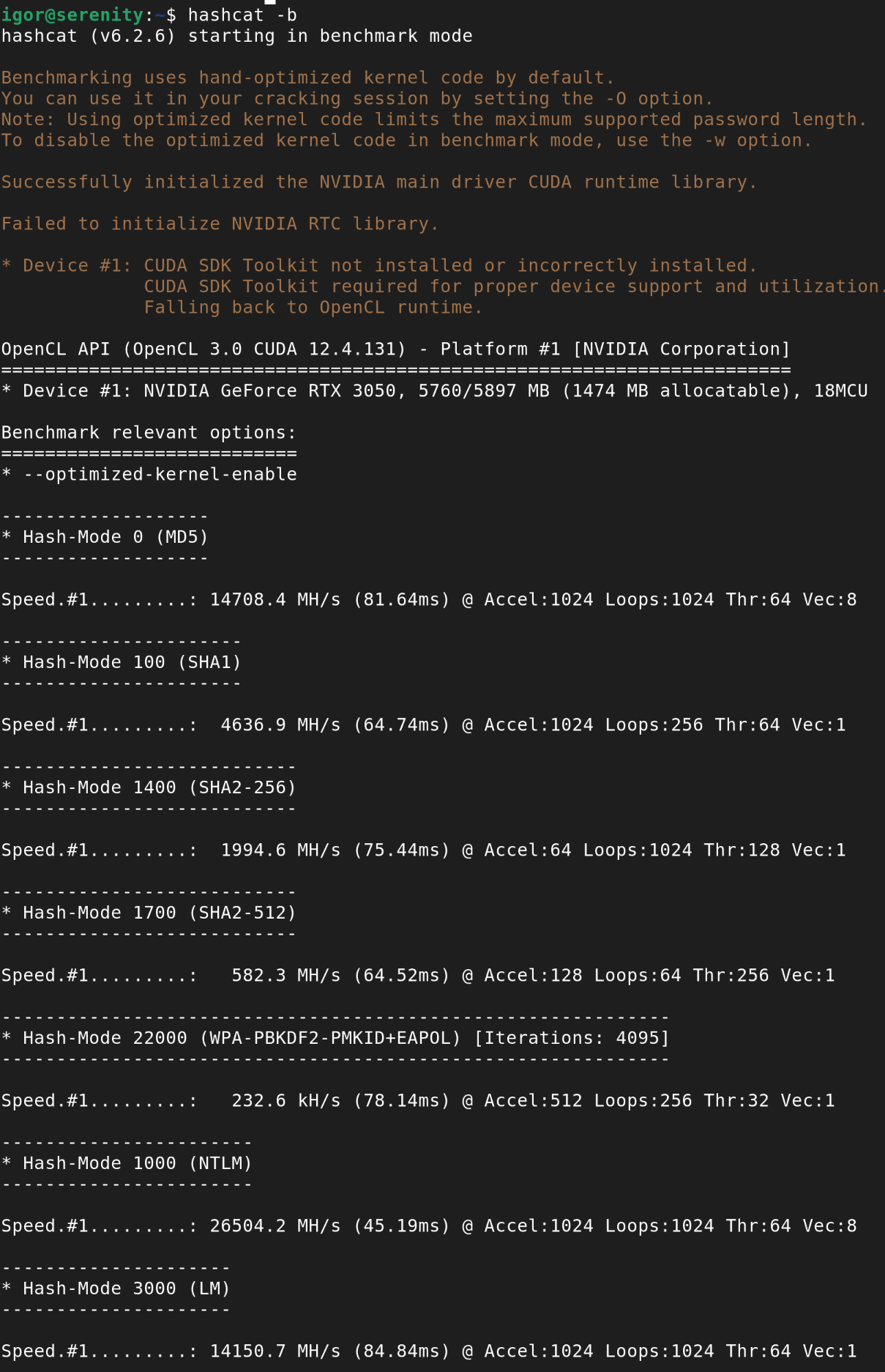hashcat running internal benchmark