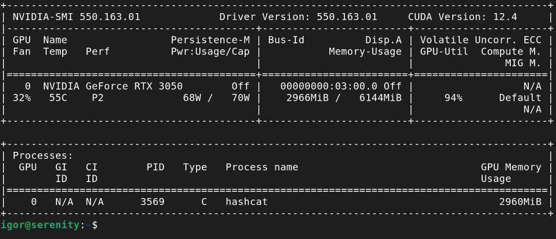 nvidia-smi when running hashcat